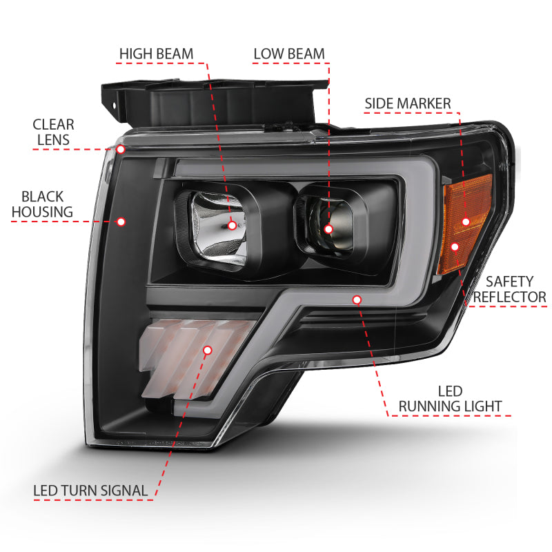 2009-2014 FORD F-150 PROJECTOR PLANK STYLE HEADLIGHTS BLACK W/ LED SIGNAL (FOR HALOGEN MODEL)
