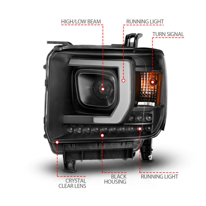 2014-2015 GMC SIERRA 1500 /2500HD/3500HD 15-19 PROJECTOR C BAR HEADLIGHTS BLACK (FOR HALOGEN MODELS W/O FACTORY LED DRL)