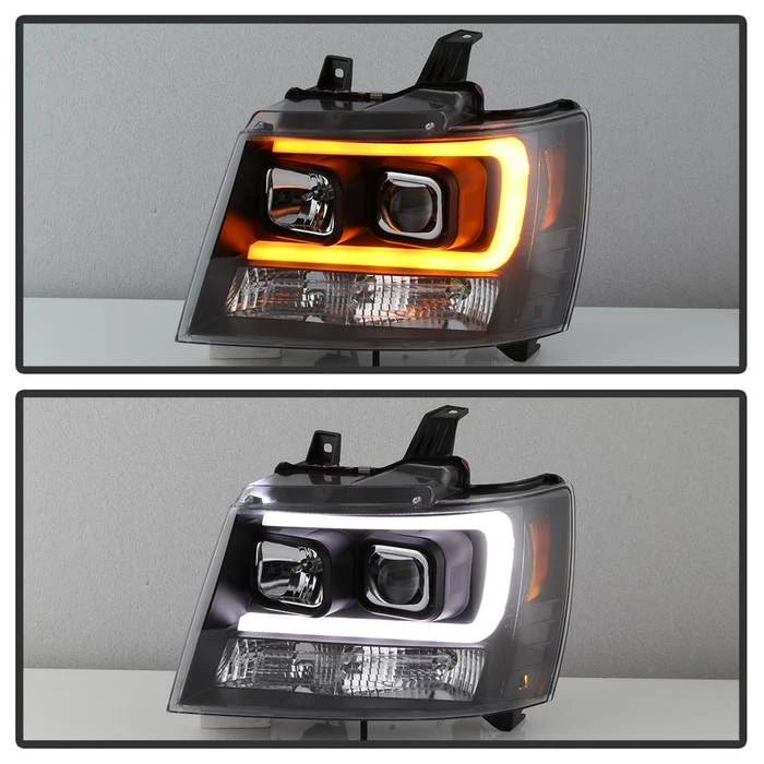 2007-2014 Chevy Suburban 1500/2500 / 2007-2014 Chevy Tahoe / 2007-2014 Avalanche Version 2 Projector Headlights - High H1 (Included) - Switch Back Turn Signal Light Bar - Low H7 (Included) Signal-LED (Included) - Black