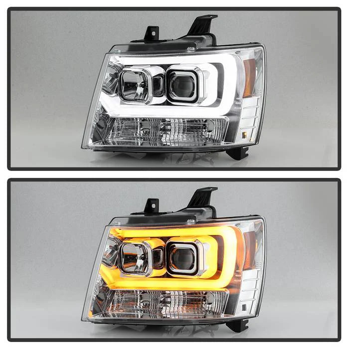 2007-2014 Chevy Suburban 1500/2500 / 2007-2014 Chevy Tahoe / 2007-2014 Avalanche Version 2 Projector Headlights - High H1 (Included) - Switch Back Turn Signal Light Bar - Low H7 (Included) ; Signal-LED(Included) - Chrome