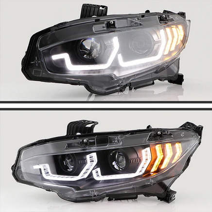 2016-2020 Honda Civic 2DR/4DR/Hatchback ( Not Compatible With Factory LED Headlight Equipped Vehicles ) Projector Headlights - Sequential Crystal Light Bar Turn Signal Light - DRL Light Bar Parking Light - Greeting Light - Black