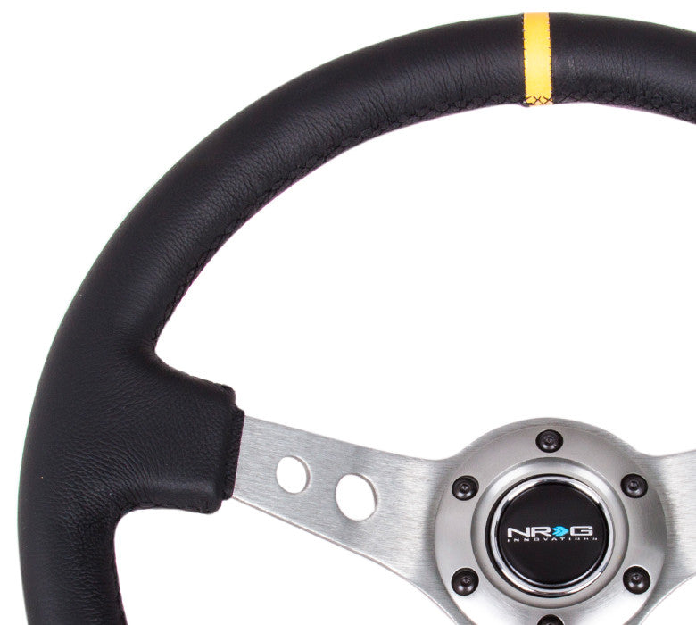 NRG ST-006 Series Steering Wheel (3" Deep) Black Leather, Gun Metal 3 Spoke, Yellow Center Marking (350mm)