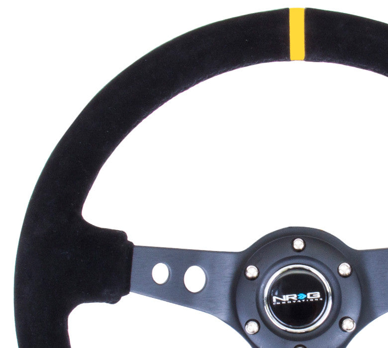 NRG ST-006 Series Steering Wheel (3" Deep) Black Suede, Black 3 Spoke, Yellow Center Marking (350mm)