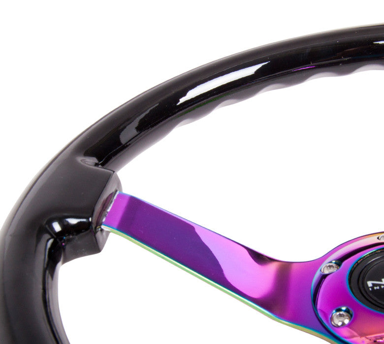NRG Deep Dish Series Steering Wheel (3" Deep) Black Wood Grain, Neo Chrome 3 Spoke Center (350mm)