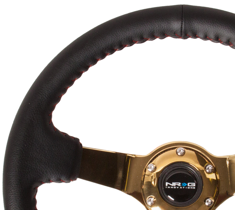 NRG Deep Dish Series Steering Wheel (3" Deep) Black Leather, Chrome Gold Center, Red Baseball Stitching (350mm)