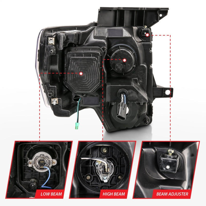 2009-2014 FORD F-150 PROJECTOR PLANK STYLE HEADLIGHTS BLACK (FOR HALOGEN MODELS ONLY)