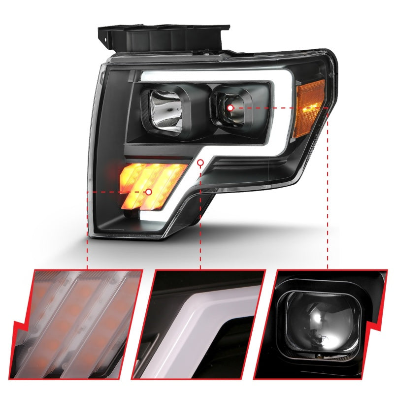2009-2014 FORD F-150 PROJECTOR PLANK STYLE HEADLIGHTS BLACK W/ LED SIGNAL (FOR HALOGEN MODEL)