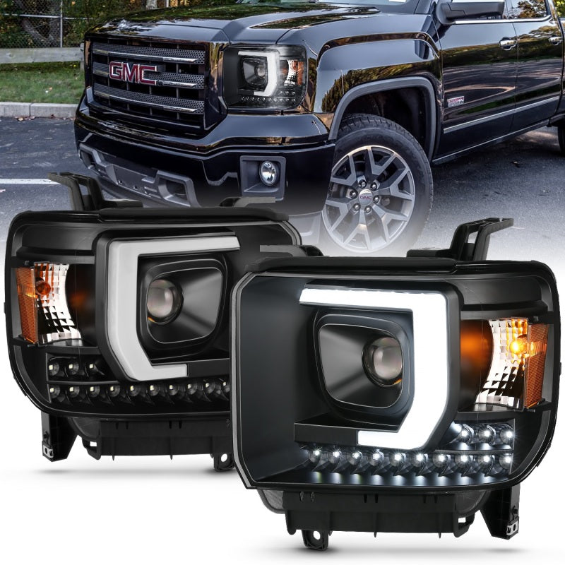 2014-2015 GMC SIERRA 1500 /2500HD/3500HD 15-19 PROJECTOR C BAR HEADLIGHTS BLACK (FOR HALOGEN MODELS W/O FACTORY LED DRL)
