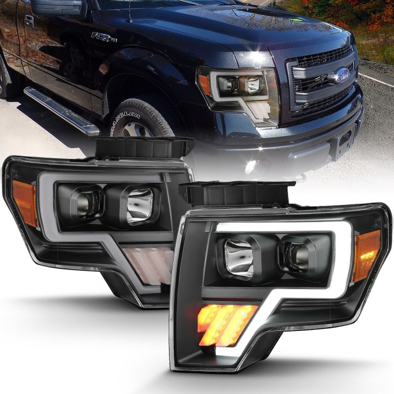 2009-2014 FORD F-150 PROJECTOR PLANK STYLE HEADLIGHTS BLACK W/ LED SIGNAL (FOR HALOGEN MODEL)