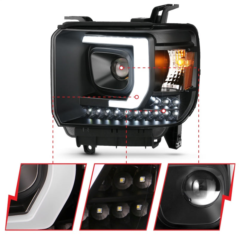 2014-2015 GMC SIERRA 1500 /2500HD/3500HD 15-19 PROJECTOR C BAR HEADLIGHTS BLACK (FOR HALOGEN MODELS W/O FACTORY LED DRL)