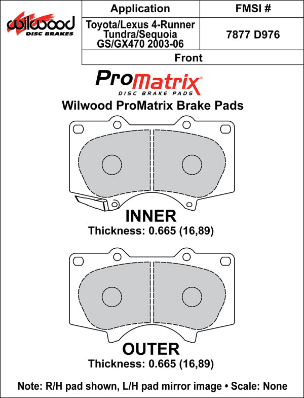 Wilwood .665in Thick D976 BP-10 Brake Pad Set - 4 Pads