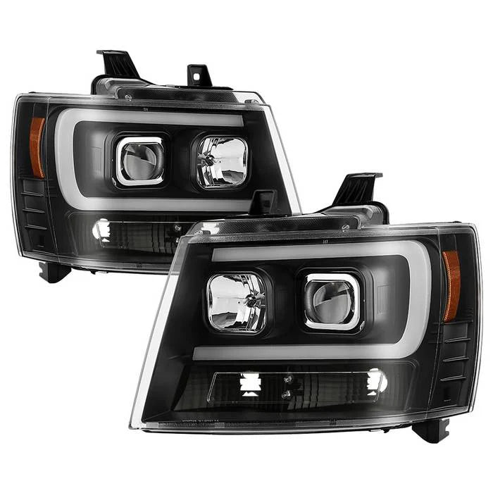2007-2014 Chevy Suburban 1500/2500 / 2007-2014 Chevy Tahoe / 2007-2014 Avalanche Version 2 Projector Headlights - High H1 (Included) - Low H7 (Included) Light Bar DRL - All Black