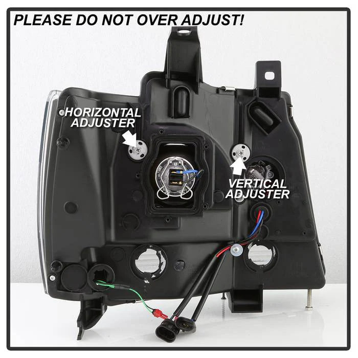 2007-2014 Chevy Suburban 1500/2500 / 2007-2014 Chevy Tahoe / 2007-2014 Avalanche Version 2 Projector Headlights - High H1 (Included) - Low H7 (Included) Light Bar DRL - All Black