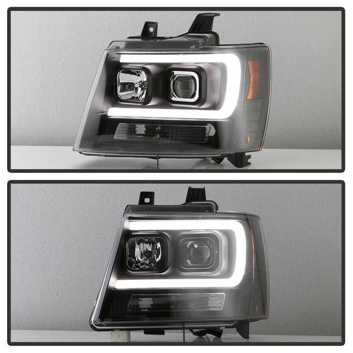 2007-2014 Chevy Suburban 1500/2500 / 2007-2014 Chevy Tahoe / 2007-2014 Avalanche Version 2 Projector Headlights - High H1 (Included) - Low H7 (Included) Light Bar DRL - All Black