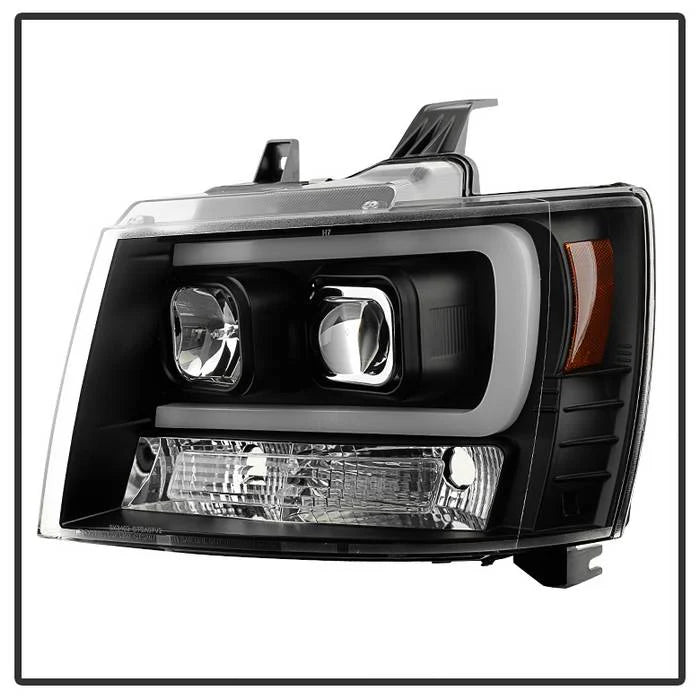 2007-2014 Chevy Suburban 1500/2500 / 2007-2014 Chevy Tahoe / 2007-2014 Avalanche Version 2 Projector Headlights - High H1 (Included) - Low H7 (Included) Light Bar DRL - Black