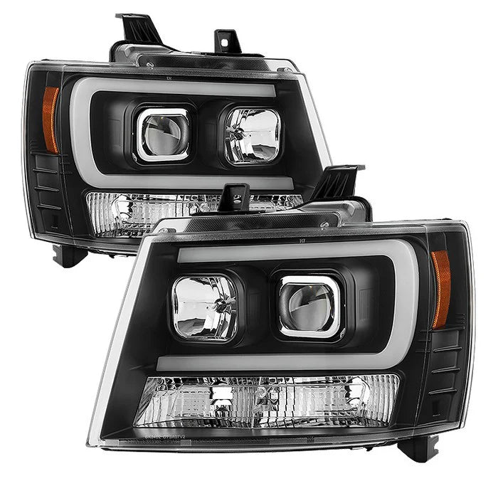 2007-2014 Chevy Suburban 1500/2500 / 2007-2014 Chevy Tahoe / 2007-2014 Avalanche Version 2 Projector Headlights - High H1 (Included) - Low H7 (Included) Light Bar DRL - Black