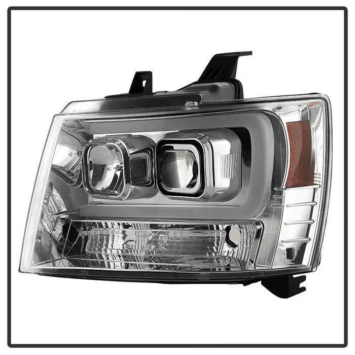 2007-2014 Chevy Suburban 1500/2500 / 2007-2014 Chevy Tahoe / 2007-2014 Avalanche Version 2 Projector Headlights - High H1 (Included) - Low H7 (Included) Light Bar DRL - Chrome