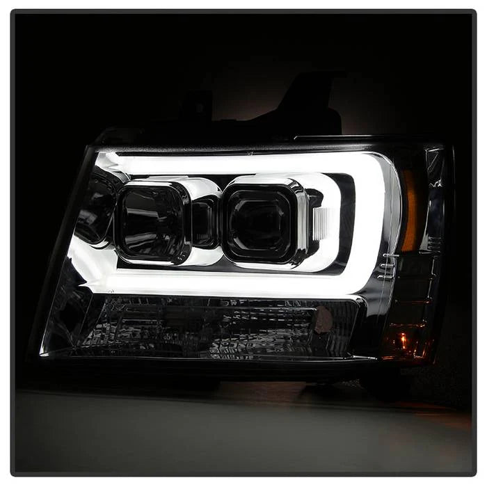 2007-2014 Chevy Suburban 1500/2500 / 2007-2014 Chevy Tahoe / 2007-2014 Avalanche Version 2 Projector Headlights - High H1 (Included) - Low H7 (Included) Light Bar DRL - Chrome