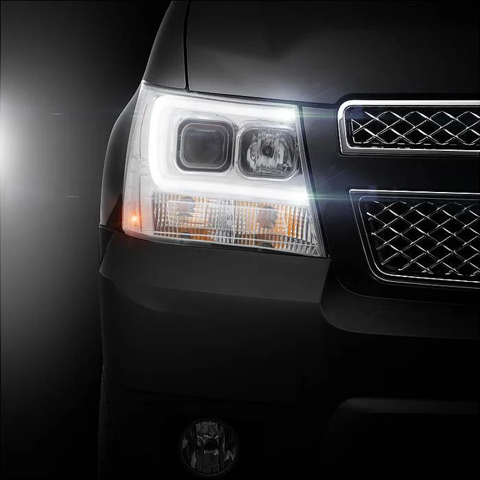 2007-2014 Chevy Suburban 1500/2500 / 2007-2014 Chevy Tahoe / 2007-2014 Avalanche Version 2 Projector Headlights - High H1 (Included) - Low H7 (Included) Light Bar DRL - Chrome