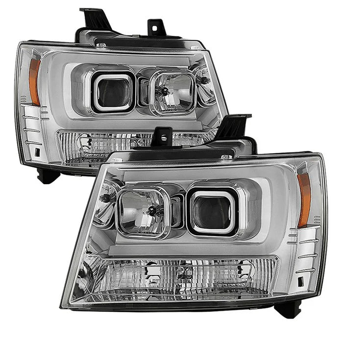 2007-2014 Chevy Suburban 1500/2500 / 2007-2014 Chevy Tahoe / 2007-2014 Avalanche Version 2 Projector Headlights - High H1 (Included) - Low H7 (Included) Light Bar DRL - Chrome
