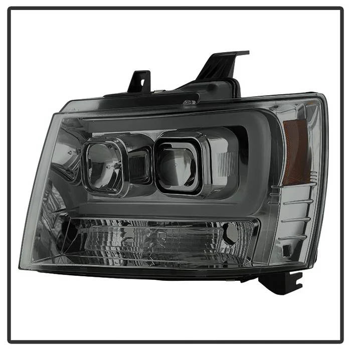 2007-2014 Chevy Suburban 1500/2500 / 2007-2014 Chevy Tahoe / 2007-2014 Avalanche Version 2 Projector Headlights - High H1 (Included) - Low H7 (Included) Light Bar DRL - Smoke