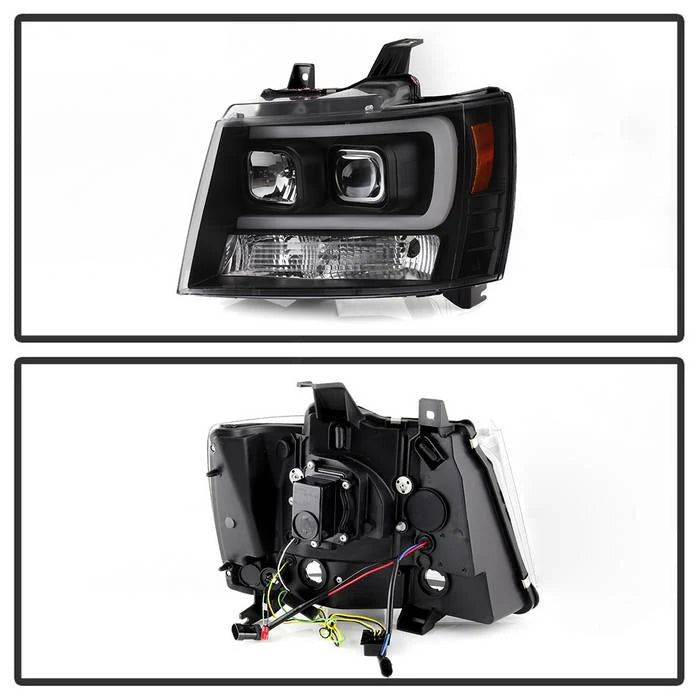 2007-2014 Chevy Suburban 1500/2500 / 2007-2014 Chevy Tahoe / 2007-2014 Avalanche Version 2 Projector Headlights - High H1 (Included) - Switch Back Turn Signal Light Bar - Low H7 (Included)  Signal-LED (Included) - Black