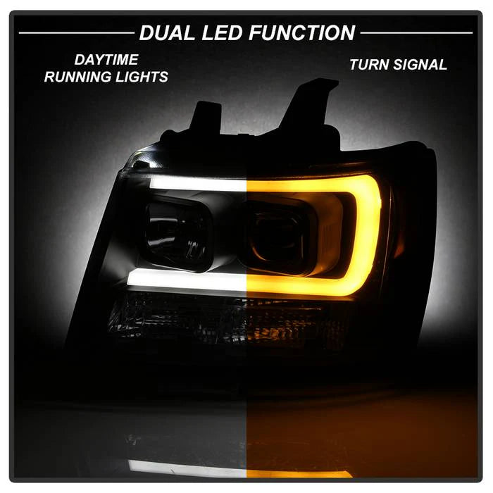 2007-2014 Chevy Suburban 1500/2500 / 2007-2014 Chevy Tahoe / 2007-2014 Avalanche Version 2 Projector Headlights - High H1 (Included) - Switch Back Turn Signal Light Bar - Low H7 (Included)  Signal-LED (Included) - Black