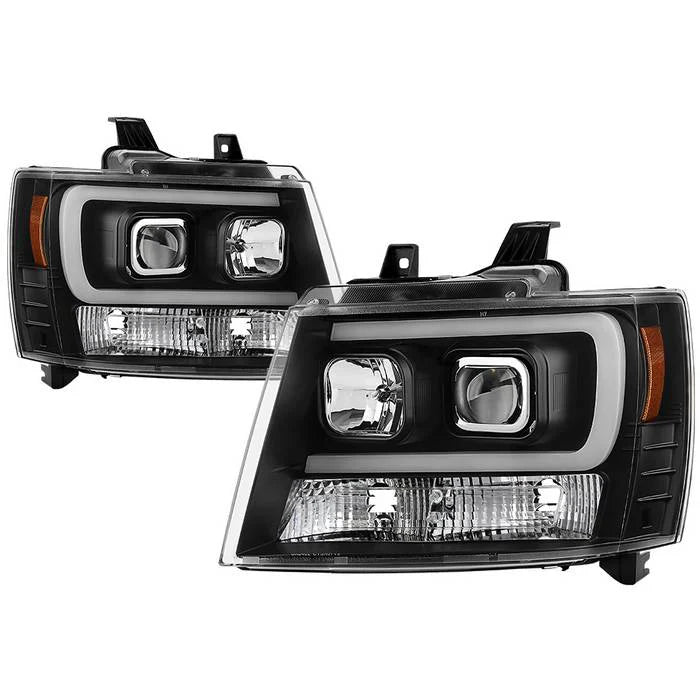 2007-2014 Chevy Suburban 1500/2500 / 2007-2014 Chevy Tahoe / 2007-2014 Avalanche Version 2 Projector Headlights - High H1 (Included) - Switch Back Turn Signal Light Bar - Low H7 (Included)  Signal-LED (Included) - Black