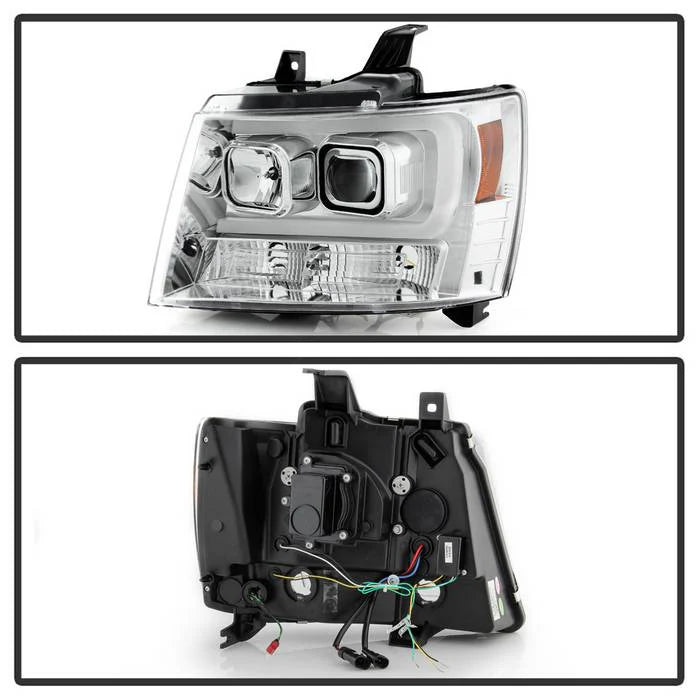 2007-2014 Chevy Suburban 1500/2500 / 2007-2014 Chevy Tahoe / 2007-2014 Avalanche Version 2 Projector Headlights - High H1 (Included) - Switch Back Turn Signal Light Bar - Low H7 (Included) ; Signal-LED(Included) - Chrome