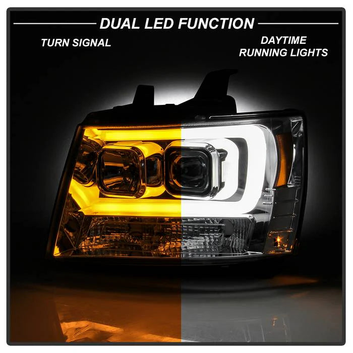 2007-2014 Chevy Suburban 1500/2500 / 2007-2014 Chevy Tahoe / 2007-2014 Avalanche Version 2 Projector Headlights - High H1 (Included) - Switch Back Turn Signal Light Bar - Low H7 (Included) ; Signal-LED(Included) - Chrome