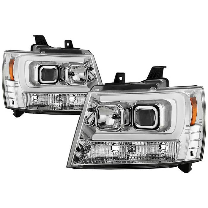2007-2014 Chevy Suburban 1500/2500 / 2007-2014 Chevy Tahoe / 2007-2014 Avalanche Version 2 Projector Headlights - High H1 (Included) - Switch Back Turn Signal Light Bar - Low H7 (Included) ; Signal-LED(Included) - Chrome