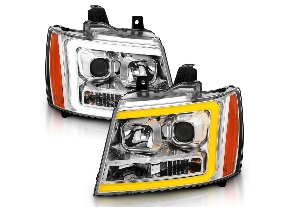 2007-2014 Chevy Tahoe/ Suburban / 2007-2013 Avalanche Projector Plank Style Switchback Headlights Chrome