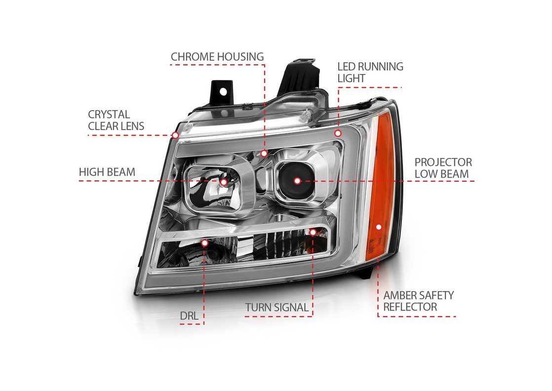 2007-2014 Chevy Tahoe/ Suburban / 2007-2013 Avalanche Projector Plank Style Switchback Headlights Chrome
