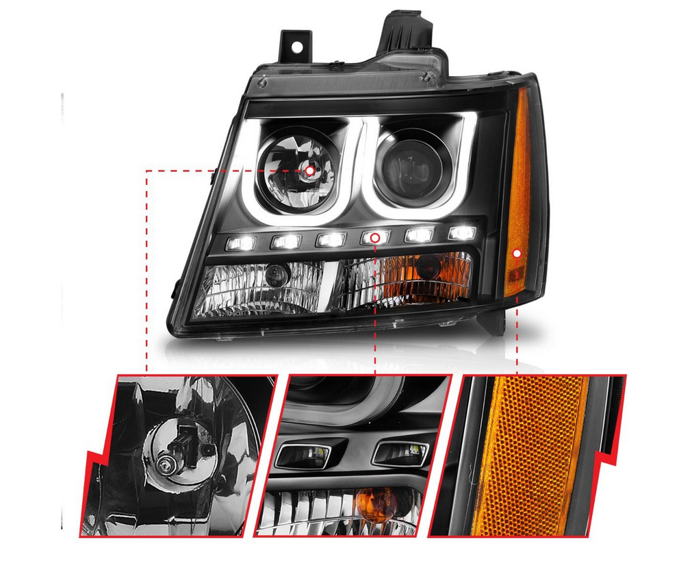 2007-2014 Chevy Tahoe/ Suburban / 2007-2013 Avalanche Projector U-Bar Headlights Black