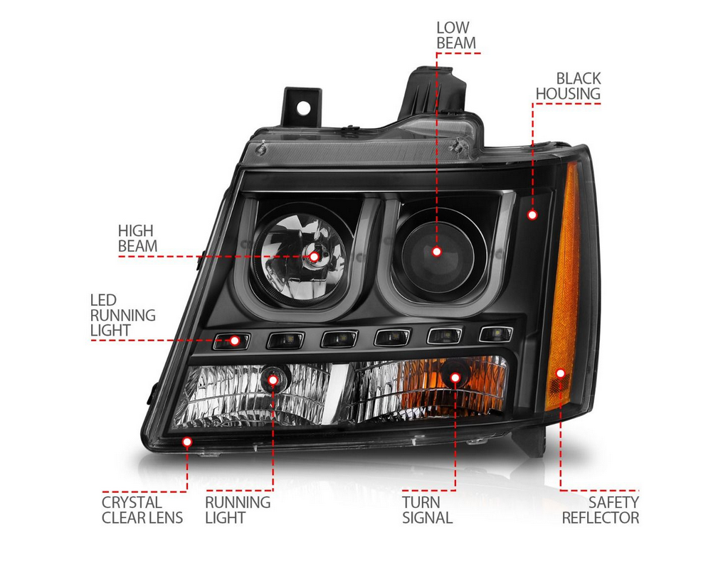 2007-2014 Chevy Tahoe/ Suburban / 2007-2013 Avalanche Projector U-Bar Headlights Black