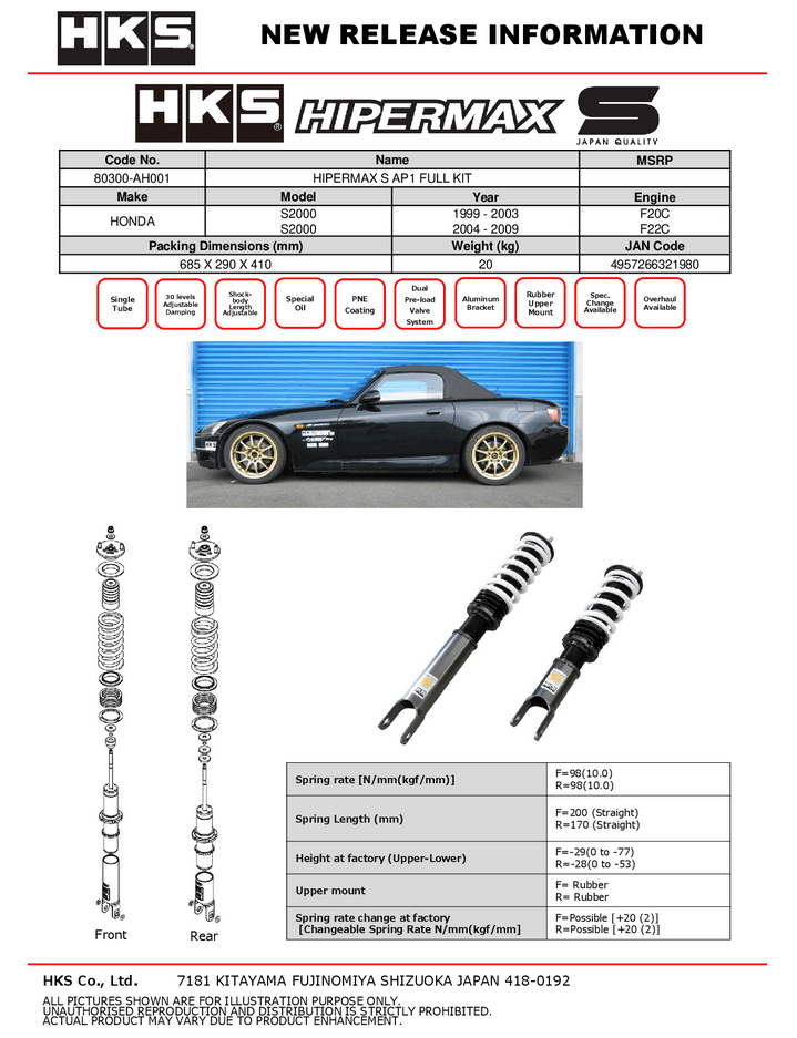 HKS Hipermax S Coilover Kit 1999-2009 Honda S2000 (AP1 / AP2)
