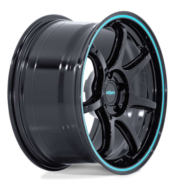 18x9.5 Rotiform RC208 BPU Gloss Black w/ Teal Stripe
