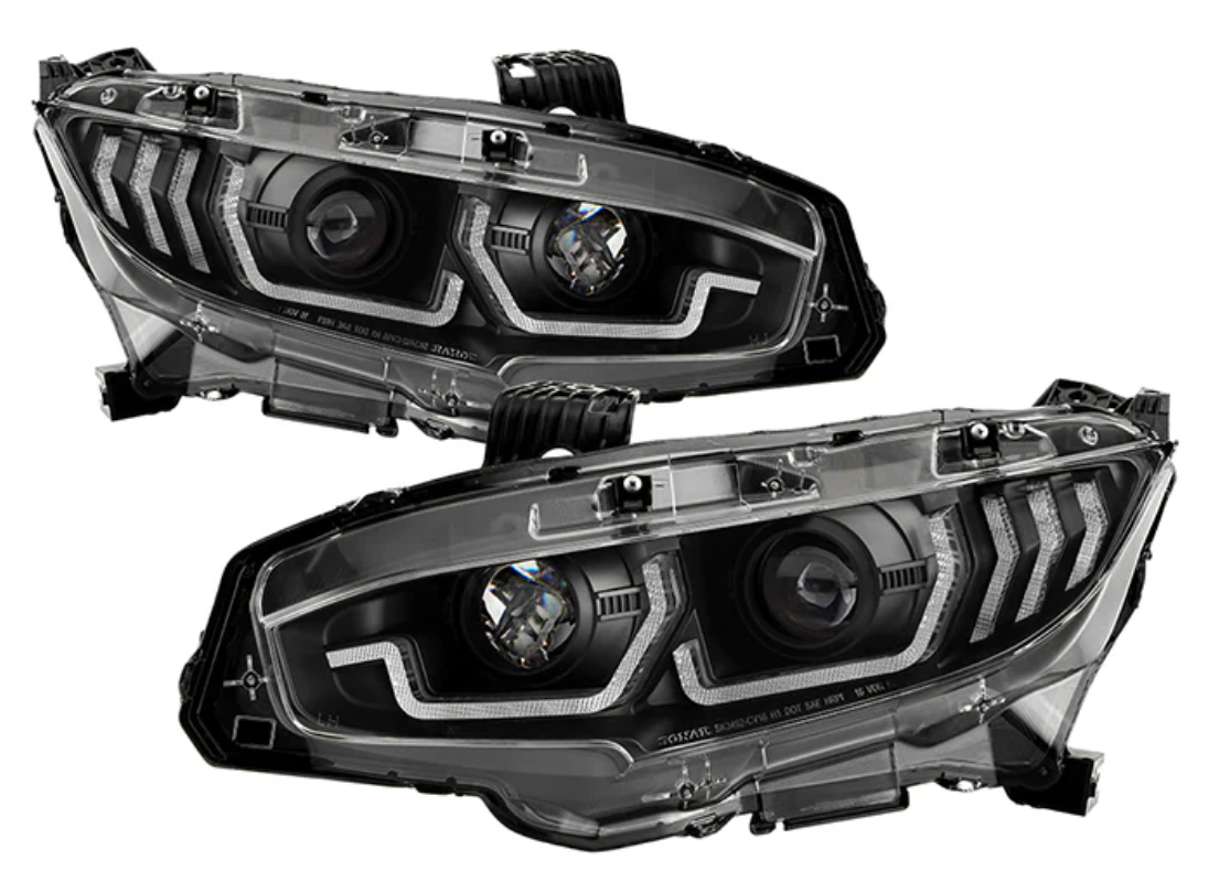 2016-2020 Honda Civic 2DR/4DR/Hatchback ( Not Compatible With Factory LED Headlight Equipped Vehicles ) Projector Headlights - Sequential Crystal Light Bar Turn Signal Light - DRL Light Bar Parking Light - Greeting Light - Black