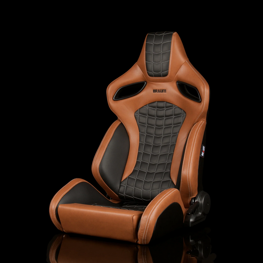 Braum ORUE-S Series Sport Reclinable Seats | Saddle Tan Leatherette | Rhombus Quilted | White Stitching (Priced Per Pair)