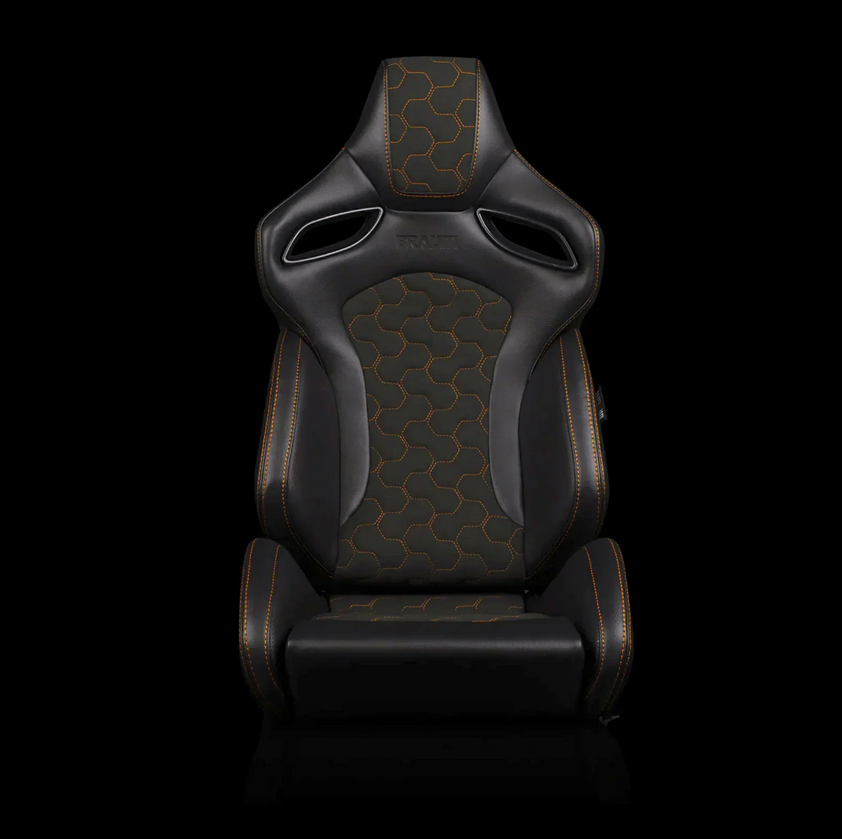 Braum ORUE-S Series Sport Reclinable Seats | Black Leatherette | Honeycomb Alcantara | Orange Stitching (Priced Per Pair)