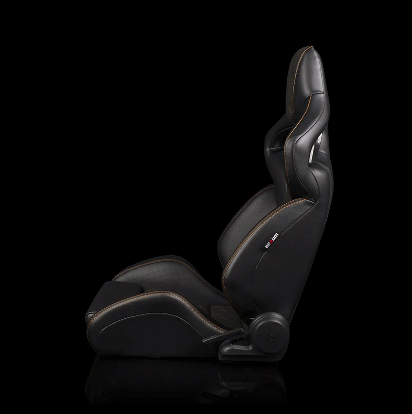Braum ORUE-S Series Sport Reclinable Seats | Black Leatherette | Honeycomb Alcantara | Orange Stitching (Priced Per Pair)