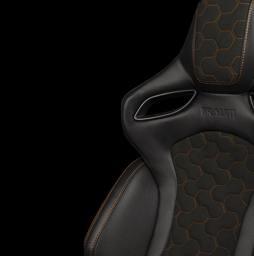 Braum ORUE-S Series Sport Reclinable Seats | Black Leatherette | Honeycomb Alcantara | Orange Stitching (Priced Per Pair)