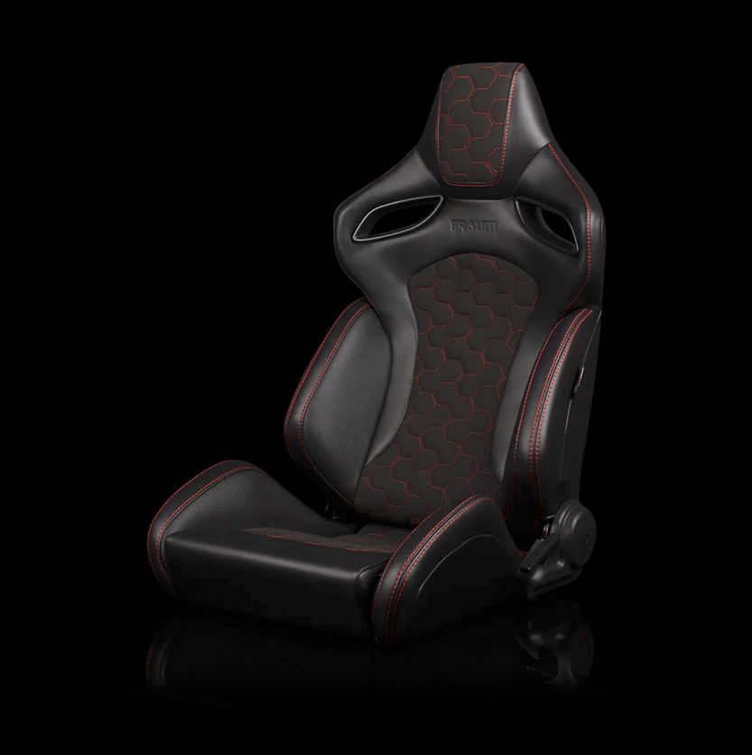 Braum ORUE-S Series Sport Reclinable Seats | Black Leatherette | Honeycomb Alcantara | Red Stitching (Priced Per Pair)