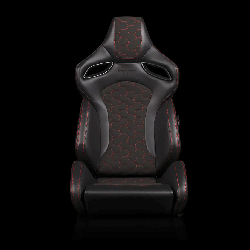 Braum ORUE-S Series Sport Reclinable Seats | Black Leatherette | Honeycomb Alcantara | Red Stitching (Priced Per Pair)