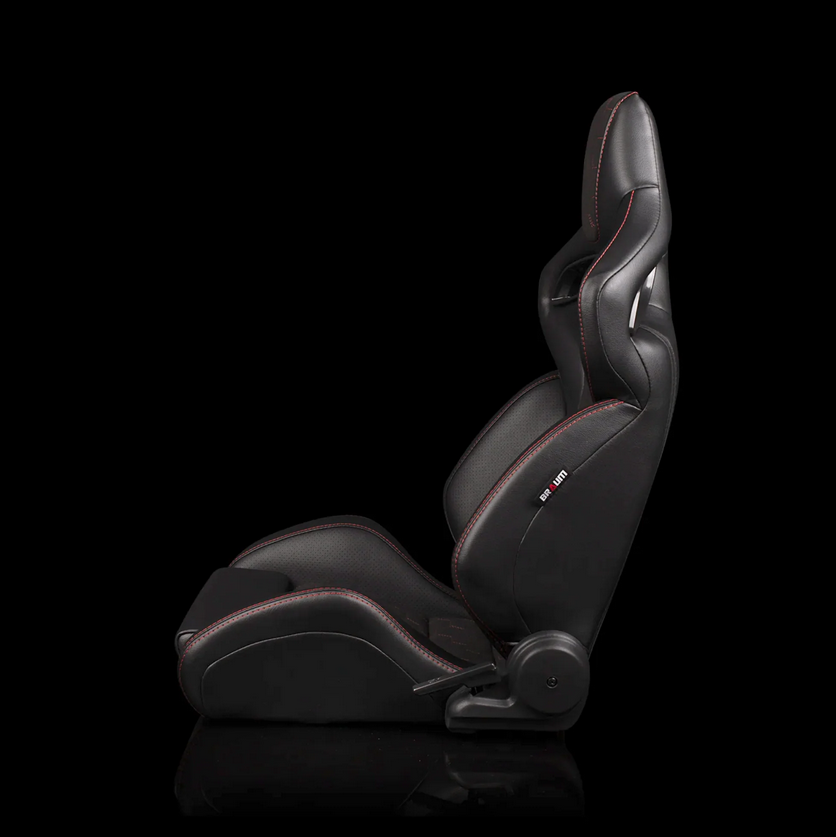 Braum ORUE-S Series Sport Reclinable Seats | Black Leatherette | Honeycomb Alcantara | Red Stitching (Priced Per Pair)
