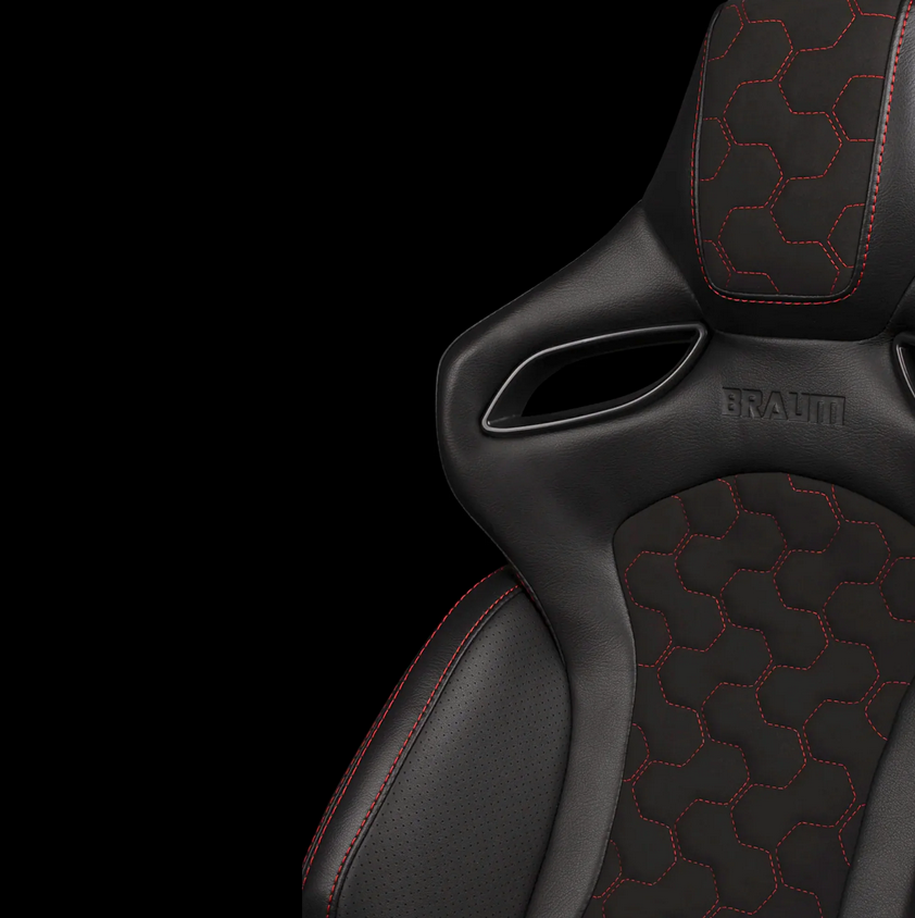 Braum ORUE-S Series Sport Reclinable Seats | Black Leatherette | Honeycomb Alcantara | Red Stitching (Priced Per Pair)