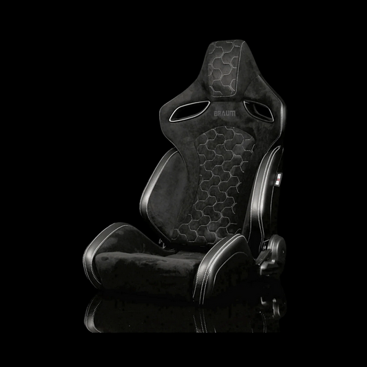 Braum ORUE-S Series Sport Reclinable Seats | Black Leatherette | Honeycomb Alcantara | White Stitching (Priced Per Pair)