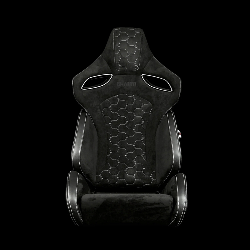 Braum ORUE-S Series Sport Reclinable Seats | Black Leatherette | Honeycomb Alcantara | White Stitching (Priced Per Pair)