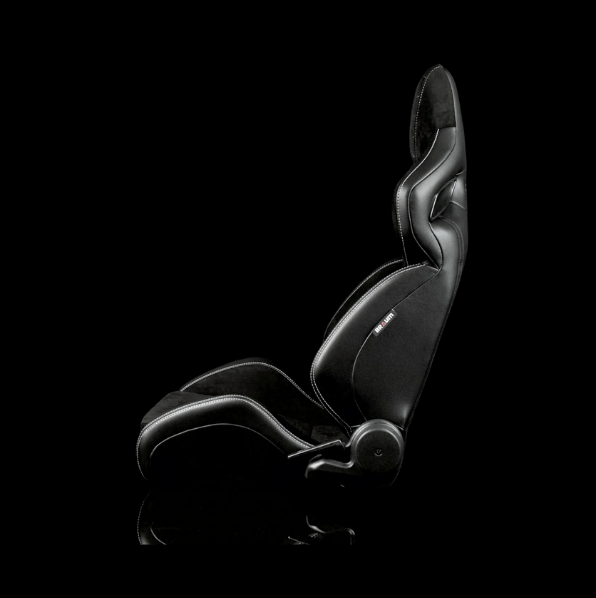 Braum ORUE-S Series Sport Reclinable Seats | Black Leatherette | Honeycomb Alcantara | White Stitching (Priced Per Pair)