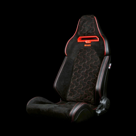 Braum VIPER-X Series Sport Reclinable Seats | Black Alcantara | Honeycomb Red Stitching | Red Grommets (Priced Per Pair)